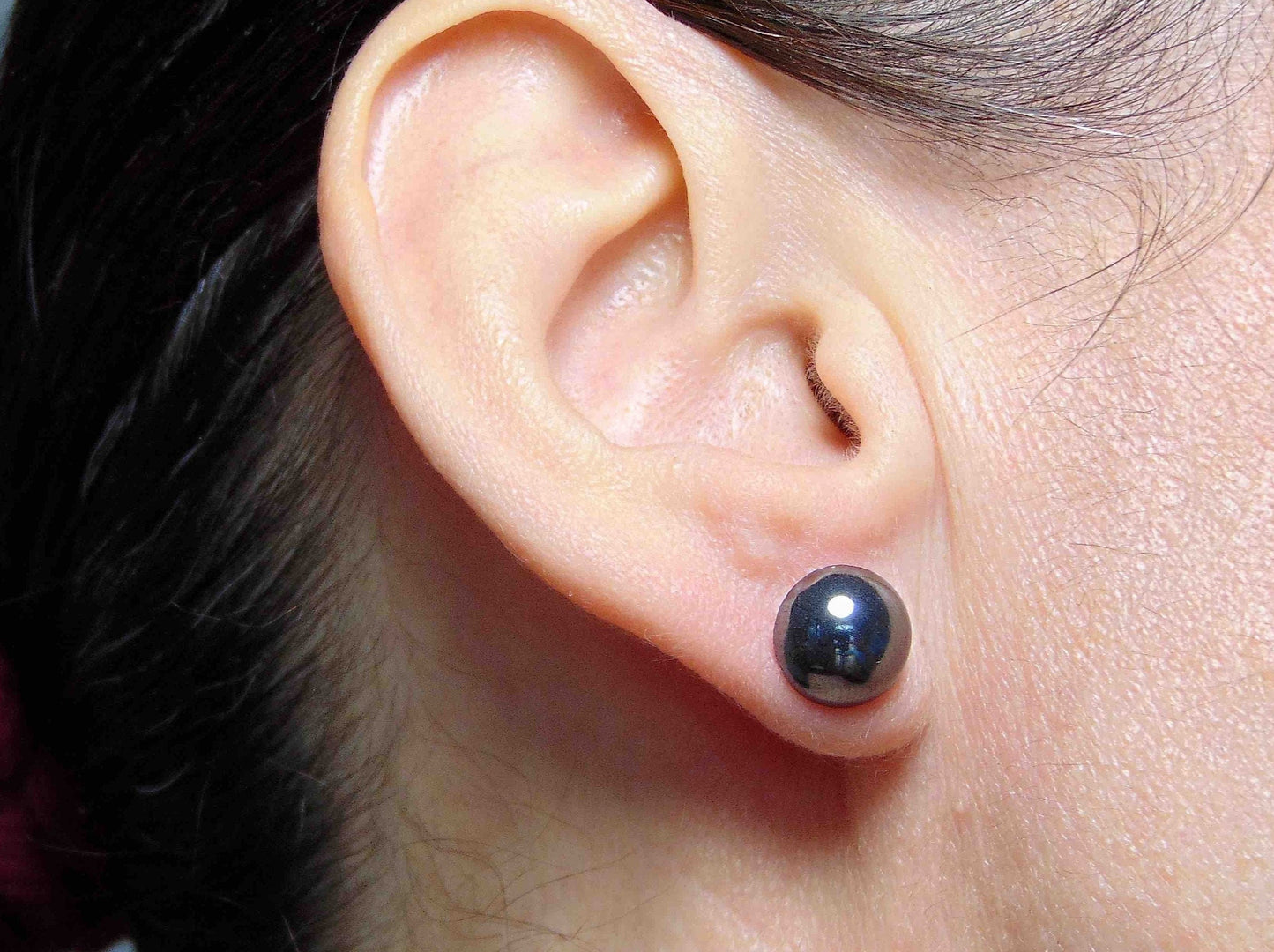 Puces d'oreilles 10mm cabochons ronds hématite, tiges acier inoxydable