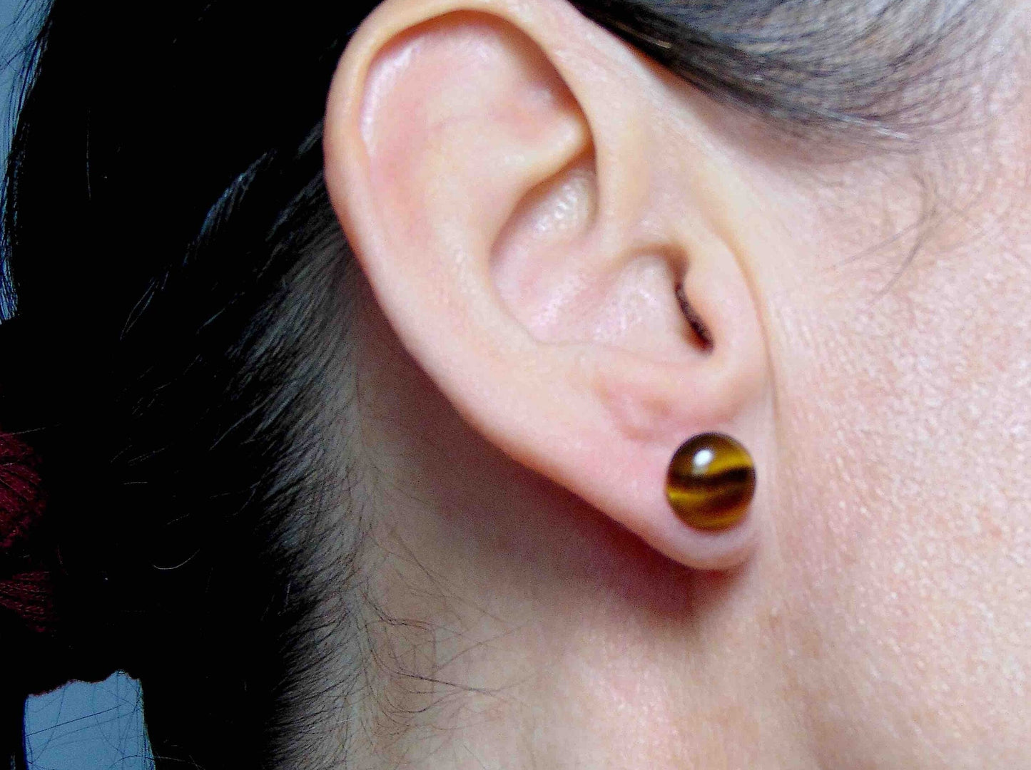Ear studs with 10mm round golden tiger eye stone cabochons, stainless steel posts