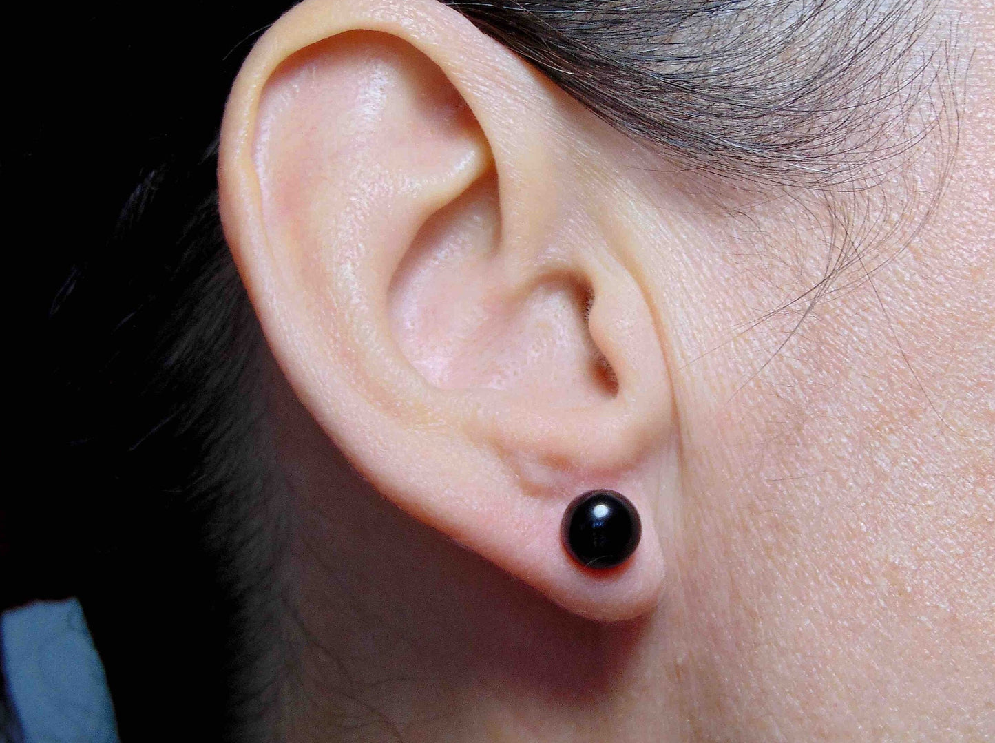 Ear studs with 8mm round shiny black onyx stone cabochons, stainless steel posts