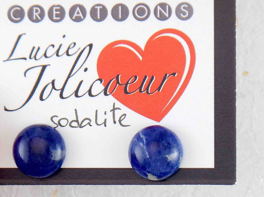 Ear studs with 10mm round deep indigo blue sodalite stone cabochons, stainless steel posts