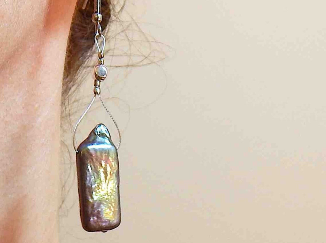 Long earrings with large iridescent gray freshwater pearls, baroque rectangle shape, stainless steel hooks