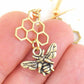 Long earrings with brass bees and honeycombs, gold-toned stainless steel hooks