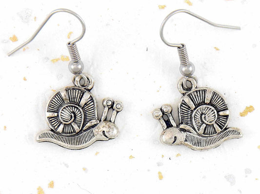 Short earrings with smiling pewter snails, stainless steel hooks