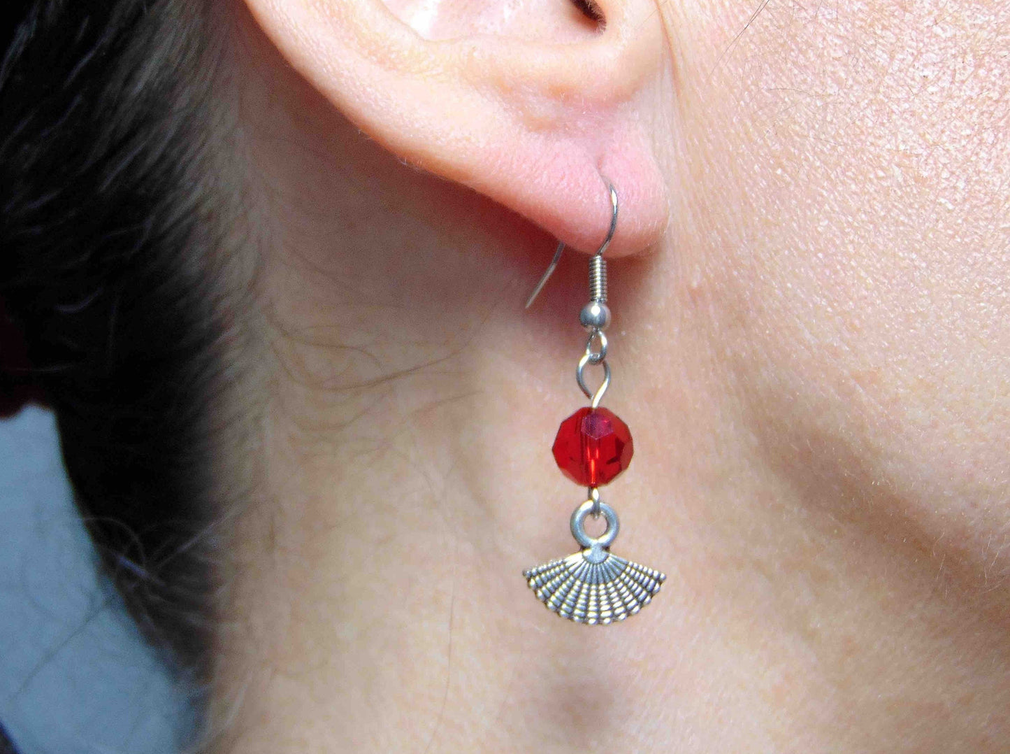 Long earrings with tiny pewter fans and red crystal balls, stainless steel hooks