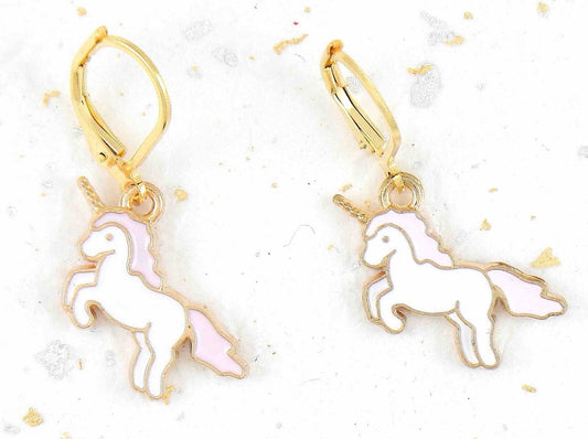 Short earrings with white and pink enamelled jumping unicorns, gold-toned stainless steel lever back hooks