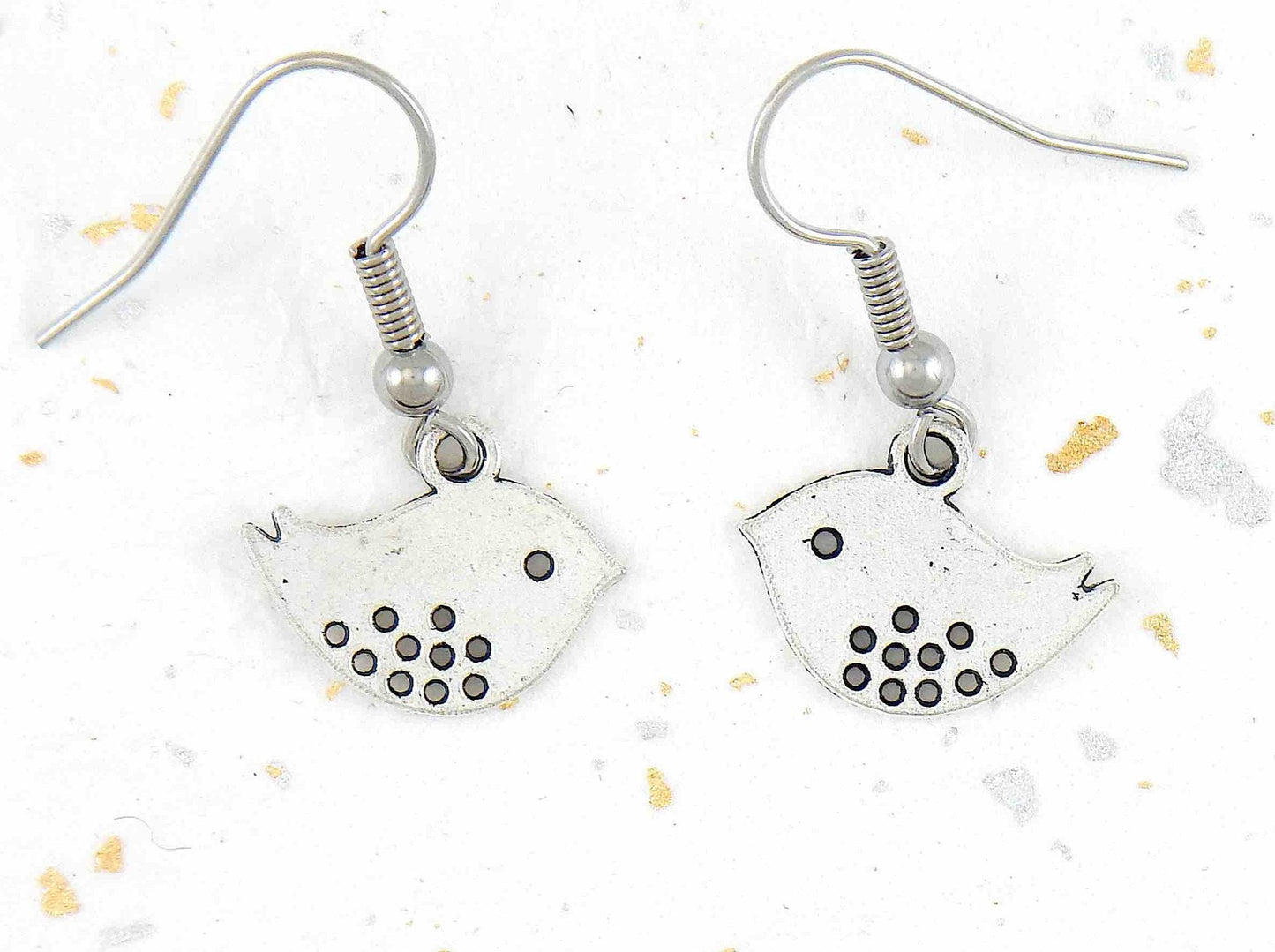 Short earrings with stylized pewter birds, stainless steel hooks