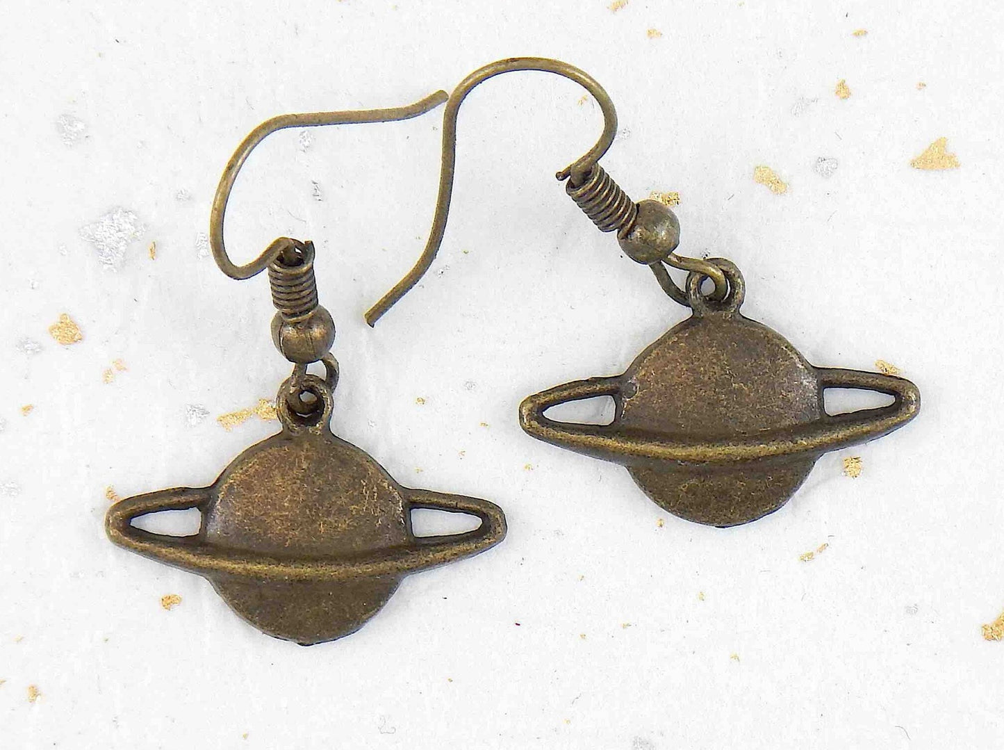 Short earrings with brass Saturn planets, brass steel hooks