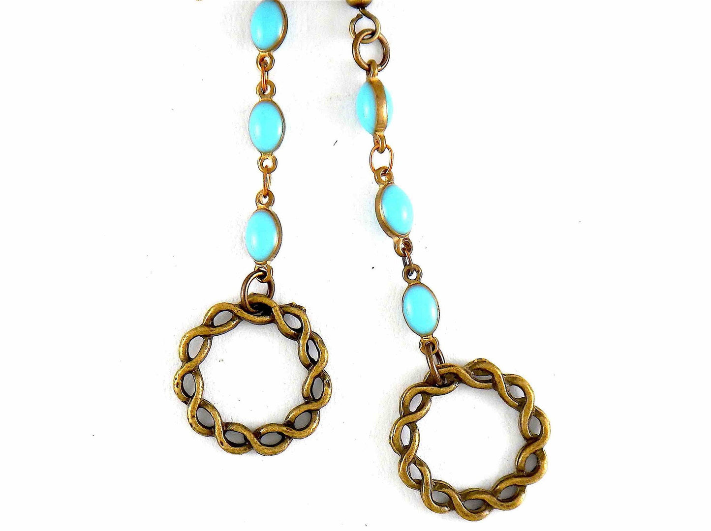Long earrings with plaited brass rings and egg-shaped chain (off-white, black or turquoise), brass hooks