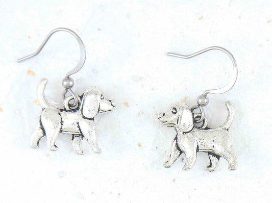 Short earrings with pewter beagle dogs, stainless steel hooks