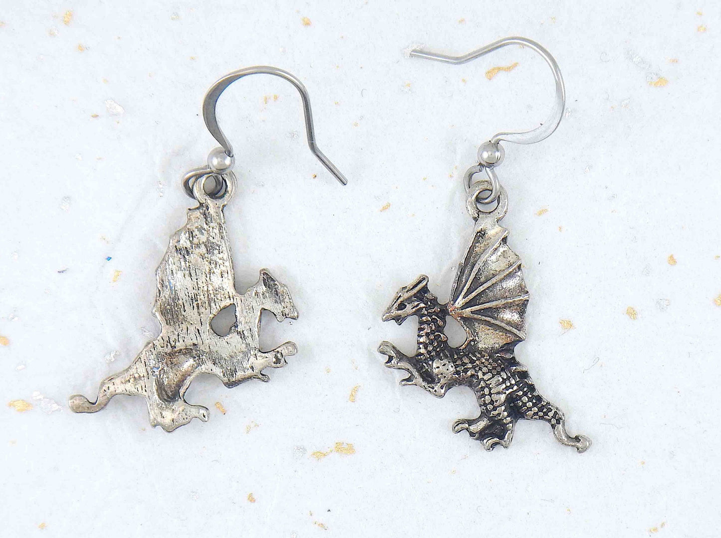 Short earrings with pewter winged dragons, stainless steel hooks