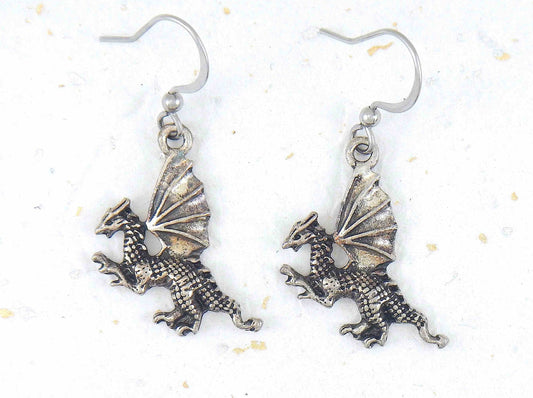 Short earrings with pewter winged dragons, stainless steel hooks