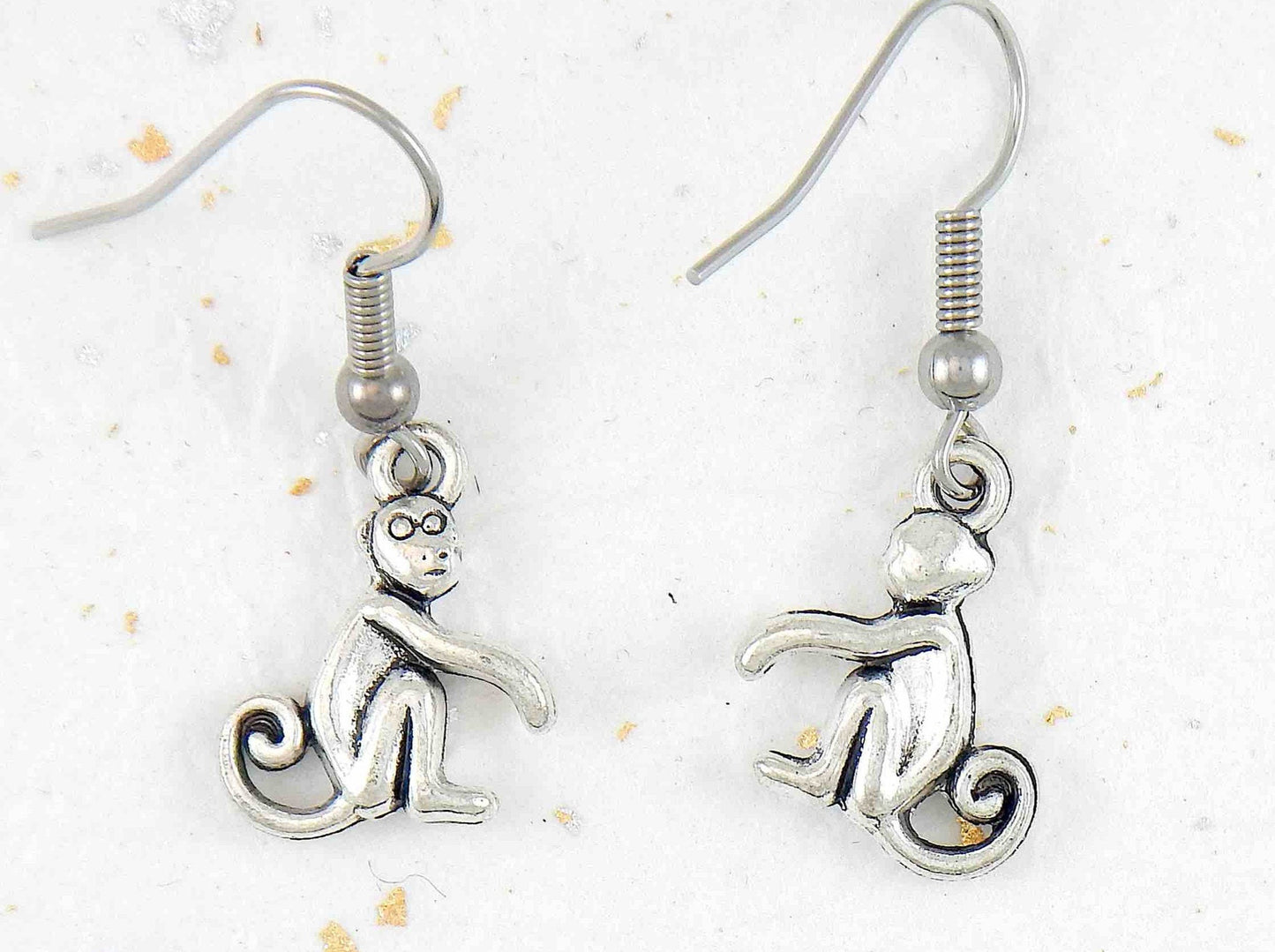Short earrings with pewter monkeys, stainless steel hooks