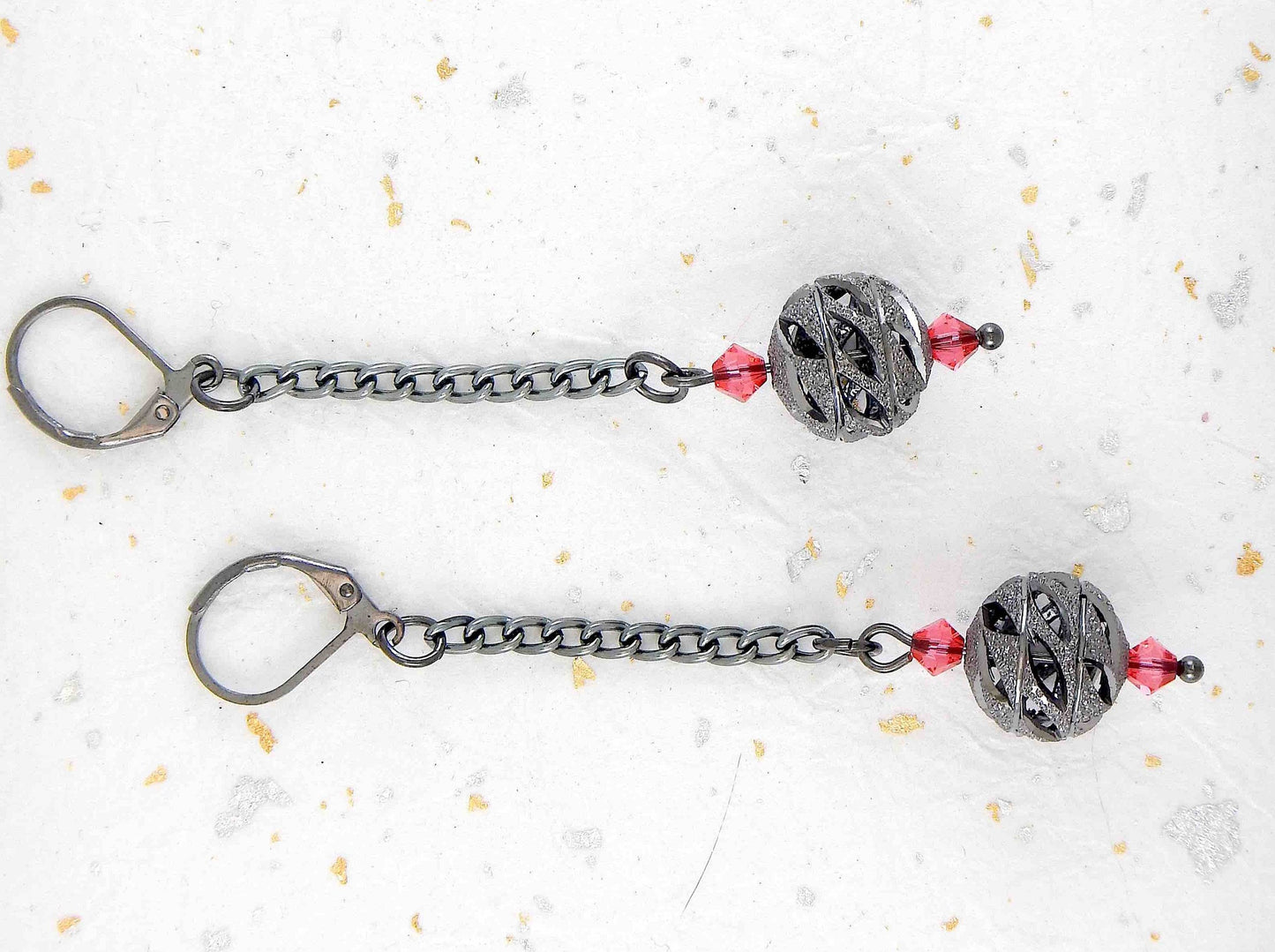 Long earrings with black nickel filigree balls and Swarovski crystals, black-nickel metal lever back hooks