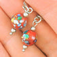 Short earrings with bright red vintage glass balls, metallic silver-yellow-green-blue inclusions, stainless steel lever back hooks