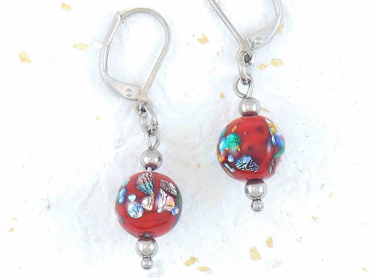 Short earrings with bright red vintage glass balls, metallic silver-yellow-green-blue inclusions, stainless steel lever back hooks