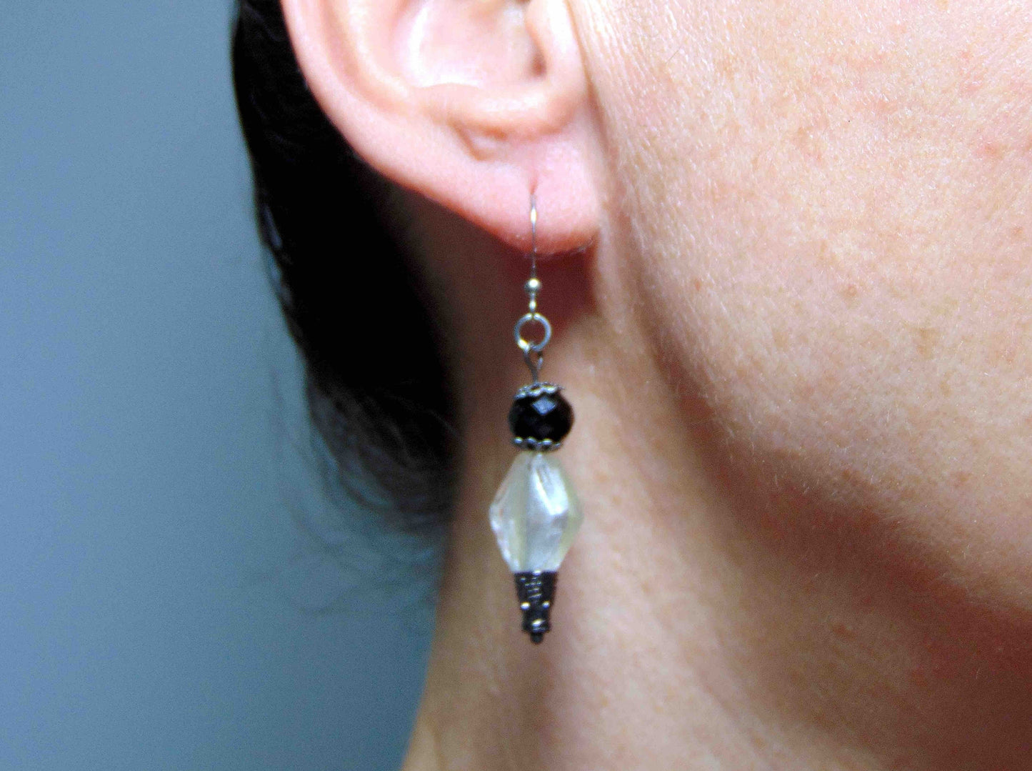 Long earrings with black balls, white lozenges and black nickel caps, stainless steel hooks