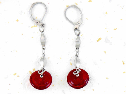 Long earrings with deep red translucent glass disks on stainless steel box-shaped chain and lever back hooks