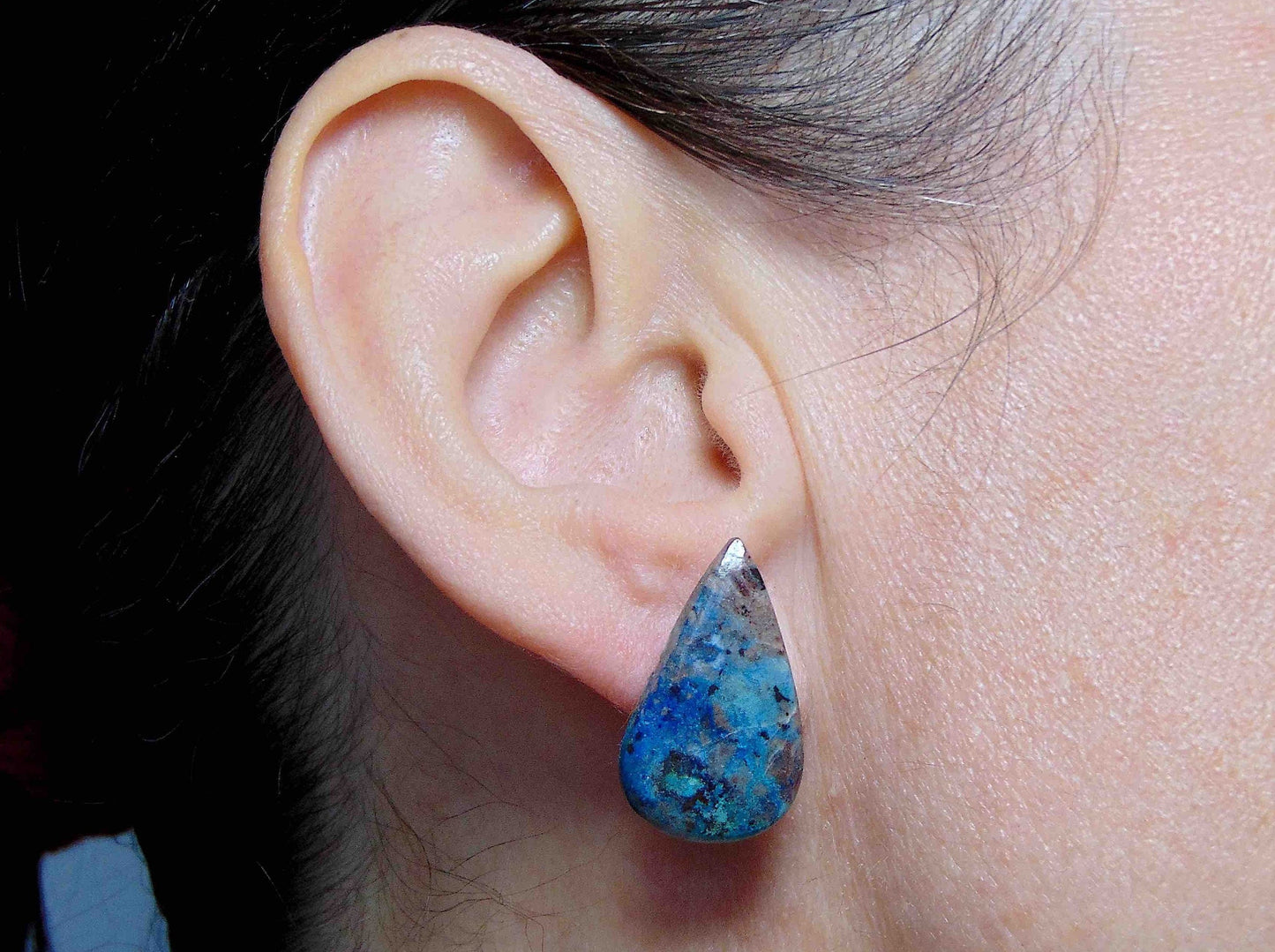 Stud earrings with large chrysocolla stone drops marbled in green-blue-black-grey, stainless steel posts