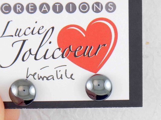 Ear studs with 9mm round hematite stone cabochons, stainless steel posts