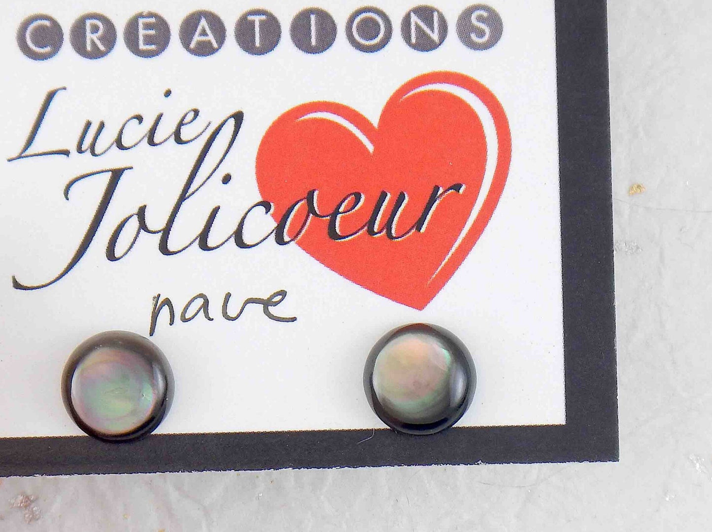 Ear studs with 8mm round iridescent silver gray mother of pearl cabochons, stainless steel posts