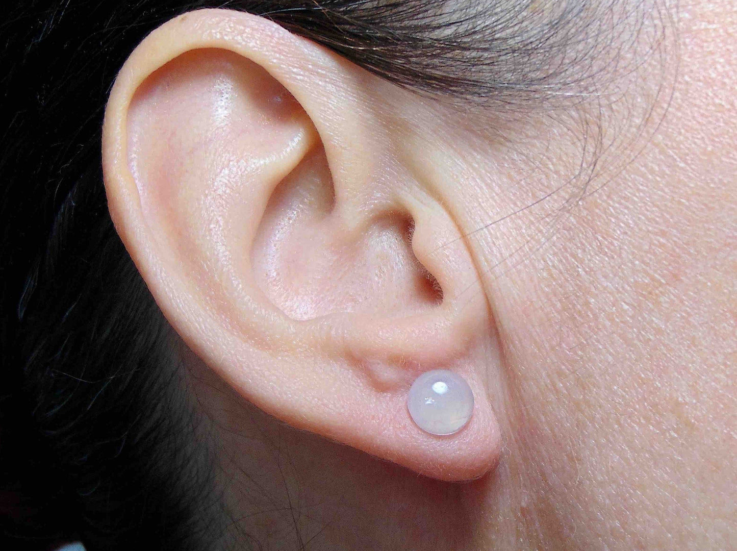 Puces d'oreilles 8mm cabochons ronds de quartz rose, tiges acier inoxydable