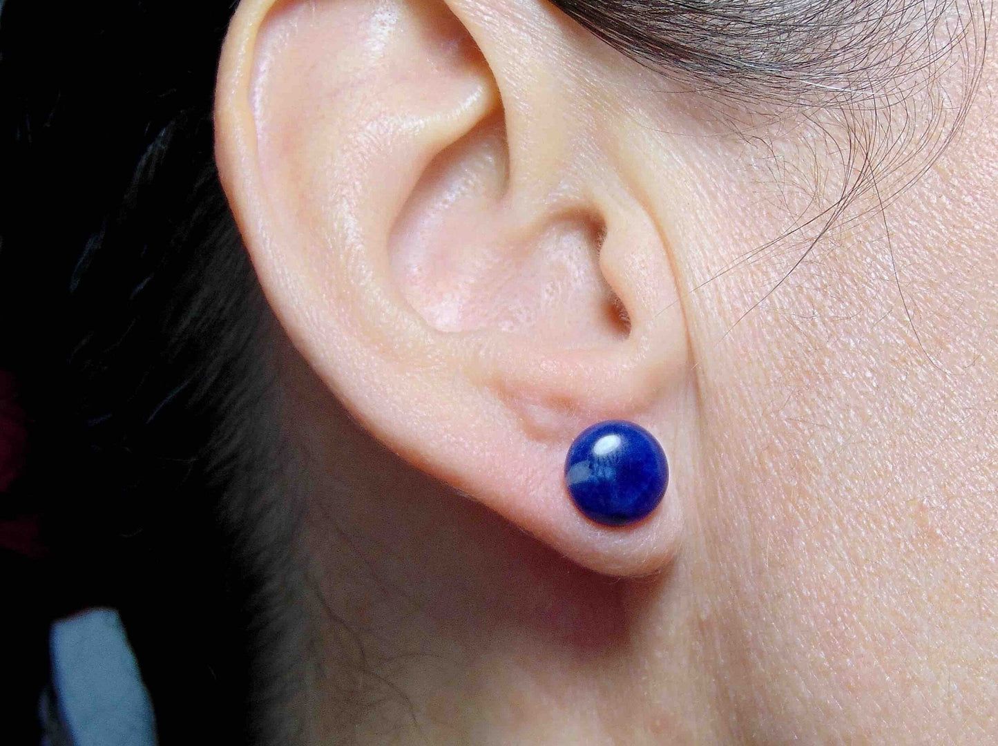 Ear studs with 10mm round deep indigo blue sodalite stone cabochons, stainless steel posts