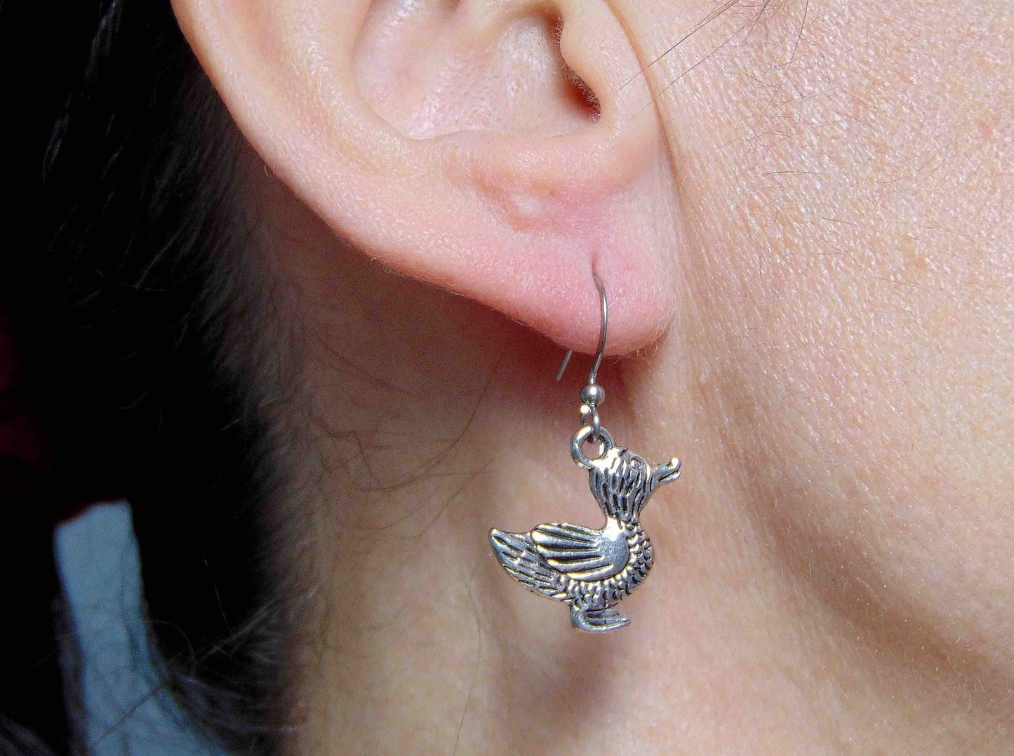 Short earrings with pewter ducks, stainless steel hooks