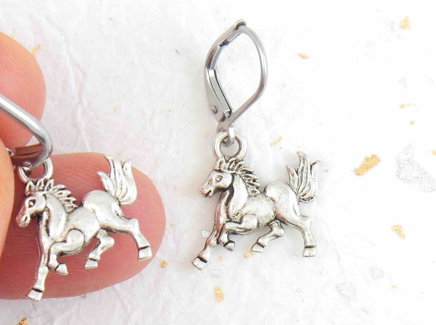 Short earrings with galloping horses, stainless steel lever back hooks