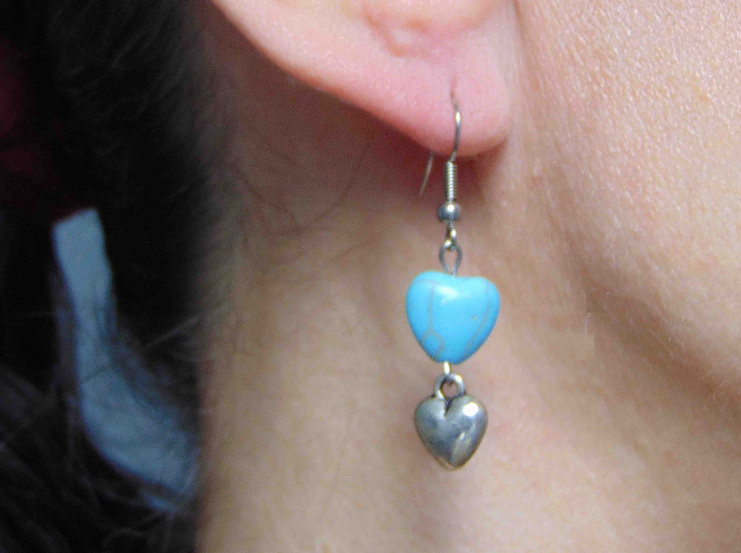 Long earrings with plump pewter hearts and turquoise hearts, stainless steel hooks