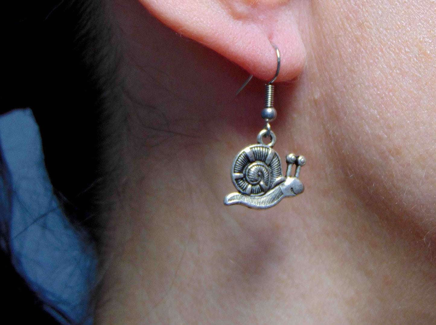 Short earrings with smiling pewter snails, stainless steel hooks