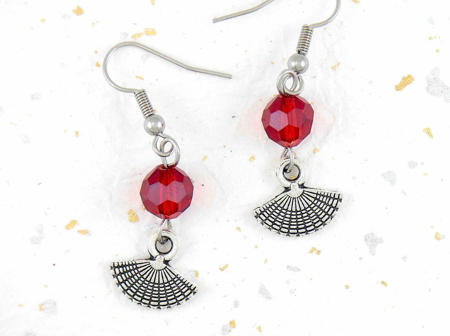 Long earrings with tiny pewter fans and red crystal balls, stainless steel hooks