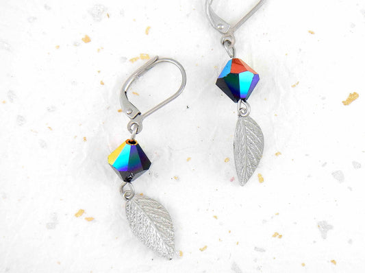 Long earrings with tiny silver leaves and iridescent black Swarovski crystals, stainless steel lever back hooks
