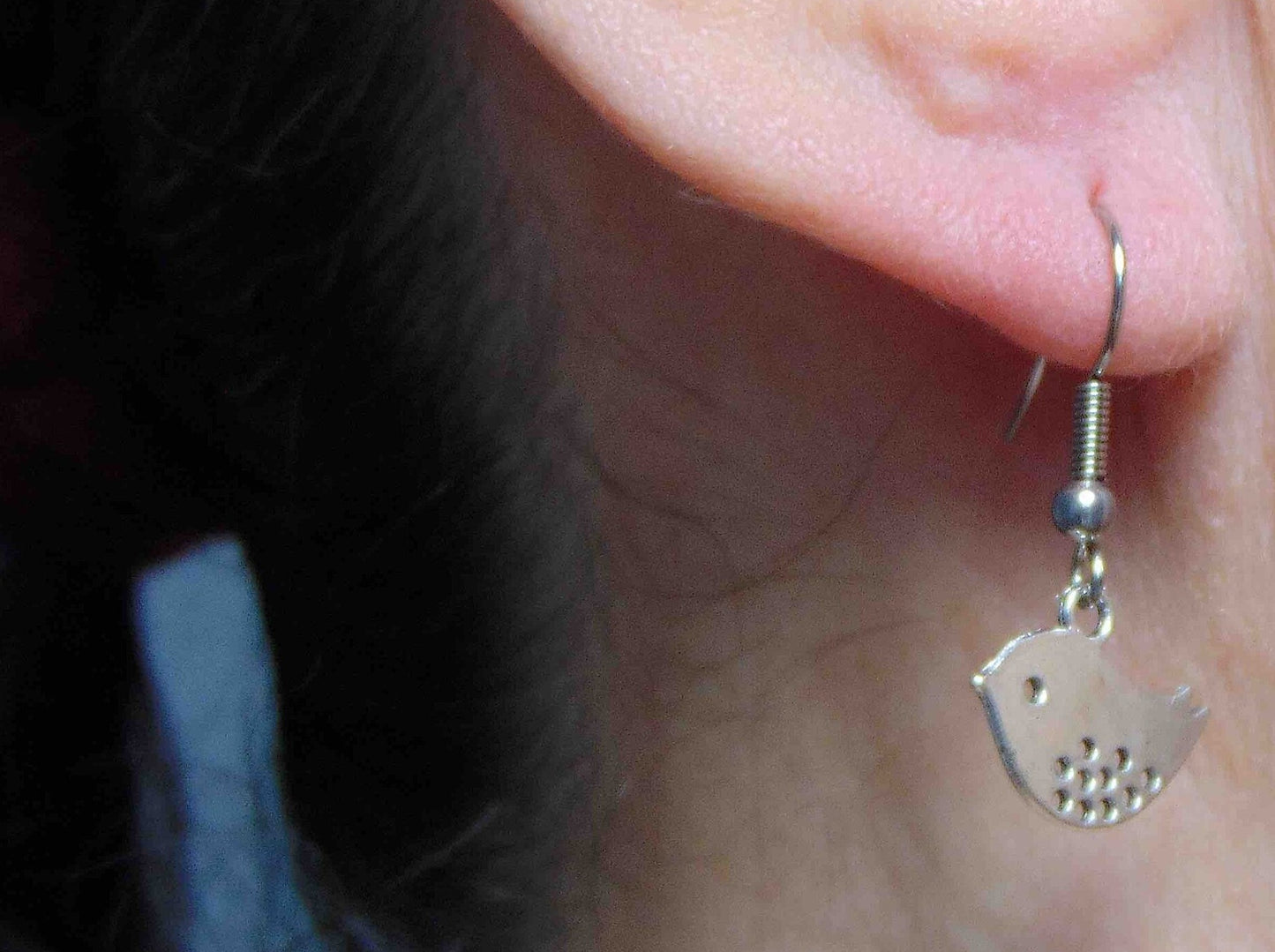 Short earrings with stylized pewter birds, stainless steel hooks