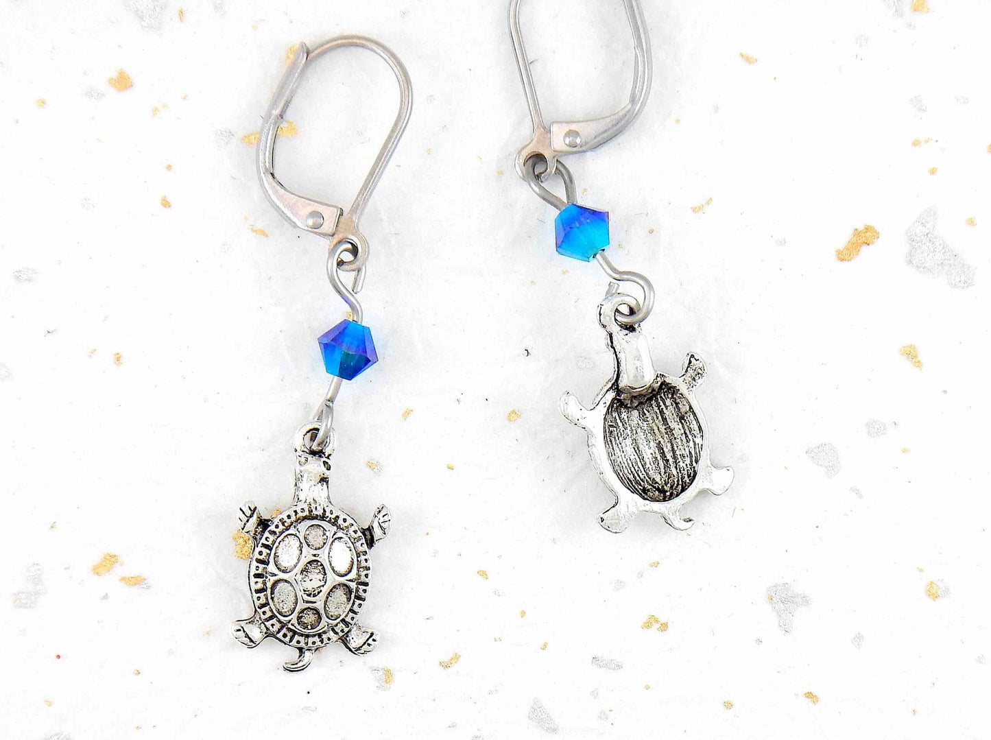 Long earrings with small silver turtles and metallic blue Swarovski crystals, stainless steel lever back hooks