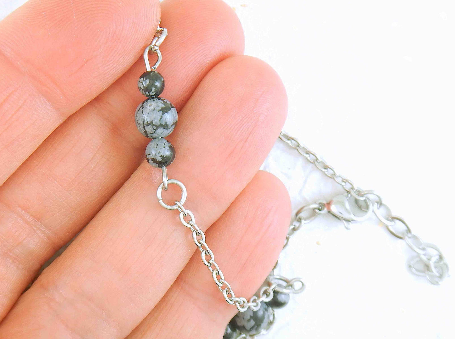 Anklet with black and gray snowflake obsidian stone on hypoallergenic stainless steel chain