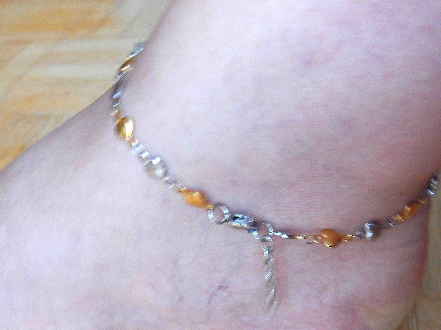 Anklet with alternating tiny silver and gold hearts, all hypoallergenic stainless steel