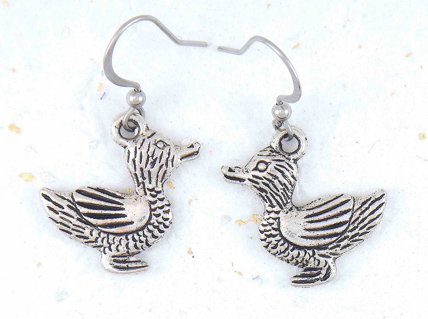 Short earrings with pewter ducks, stainless steel hooks