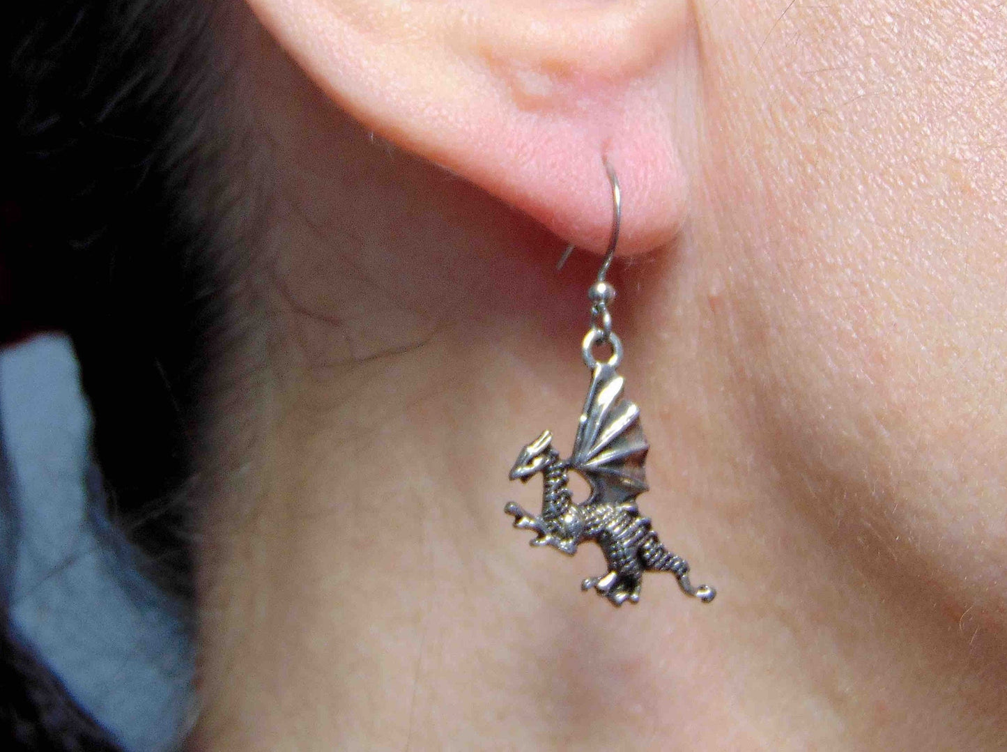 Short earrings with pewter winged dragons, stainless steel hooks