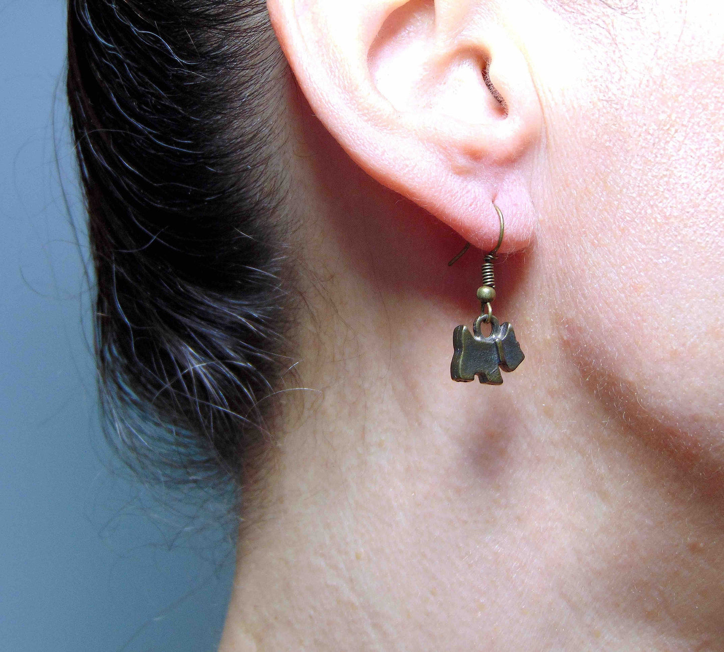 Short earrings with brass Scottish Terrier dogs, brass hooks