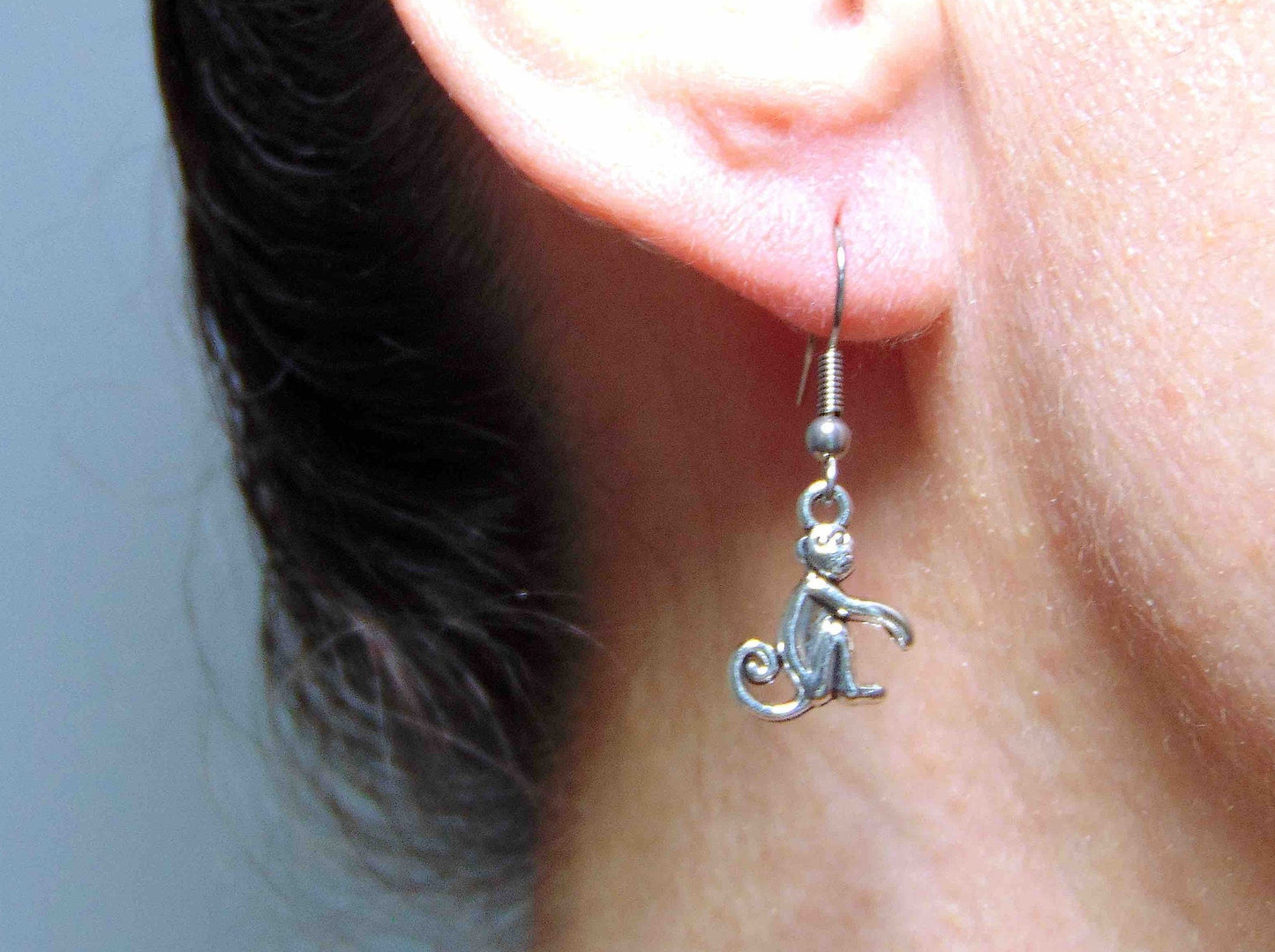 Short earrings with pewter monkeys, stainless steel hooks