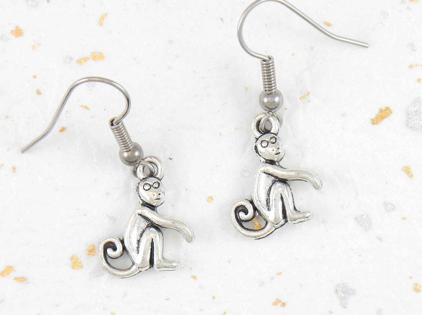 Short earrings with pewter monkeys, stainless steel hooks