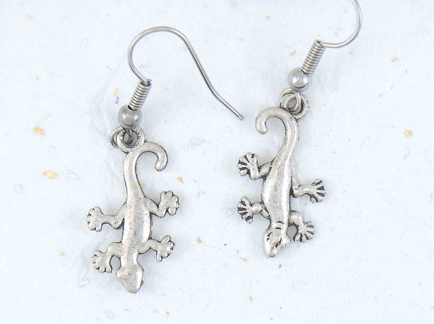 Short earrings with small pewter lizards, stainless steel hooks