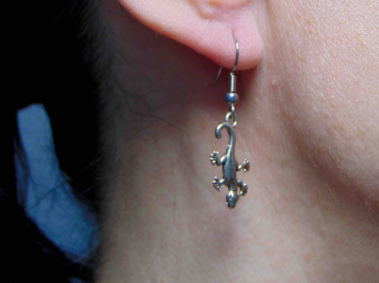 Short earrings with small pewter lizards, stainless steel hooks