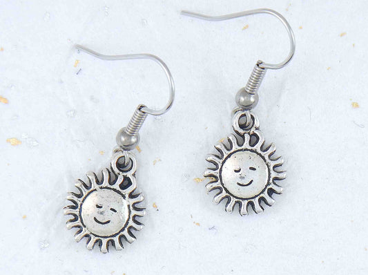 Short earrings with pewter smiling suns, stainless steel hooks