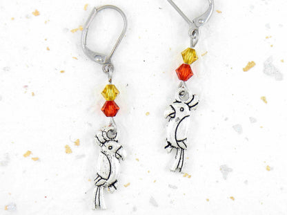 Long earrings with small pewter cockatoos (parrots) and Swarovski crystals, stainless steel lever back hooks