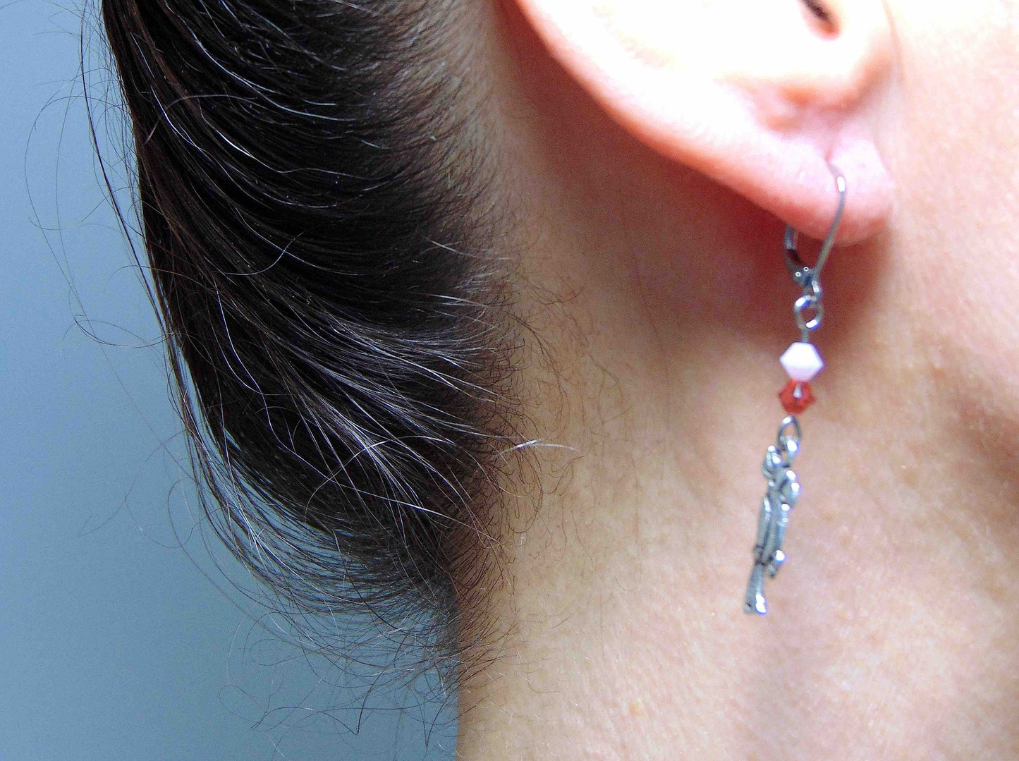 Long earrings with small pewter cockatoos (parrots) and Swarovski crystals, stainless steel lever back hooks