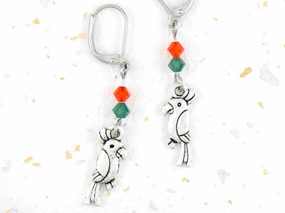 Long earrings with small pewter cockatoos (parrots) and Swarovski crystals, stainless steel lever back hooks