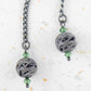 Long earrings with black nickel filigree balls and Swarovski crystals, black-nickel metal lever back hooks