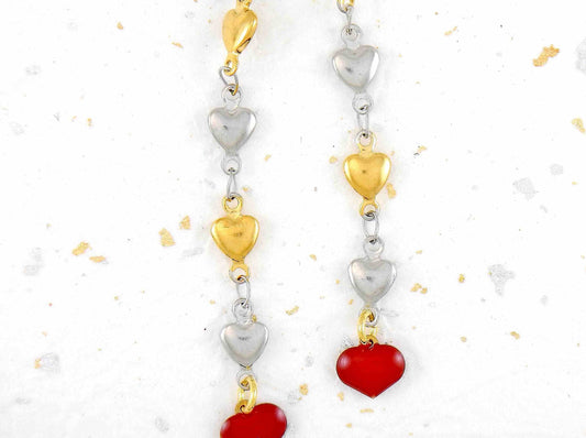 Long earrings with delicate alternating silver and gold heart chain, red enamelled heart, stainless steel lever back hooks