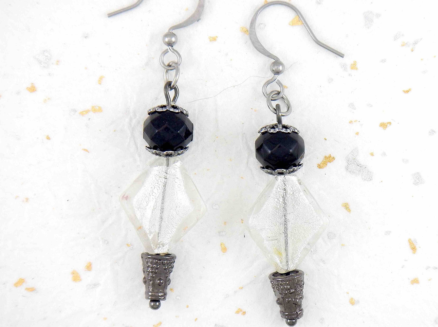 Long earrings with black balls, white lozenges and black nickel caps, stainless steel hooks